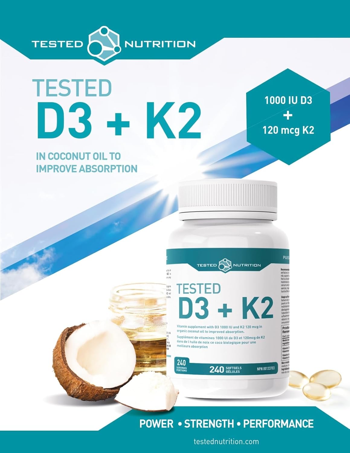 Tested Nutrition - Vitamin D3+K2 - High Potency 240 SoftGels