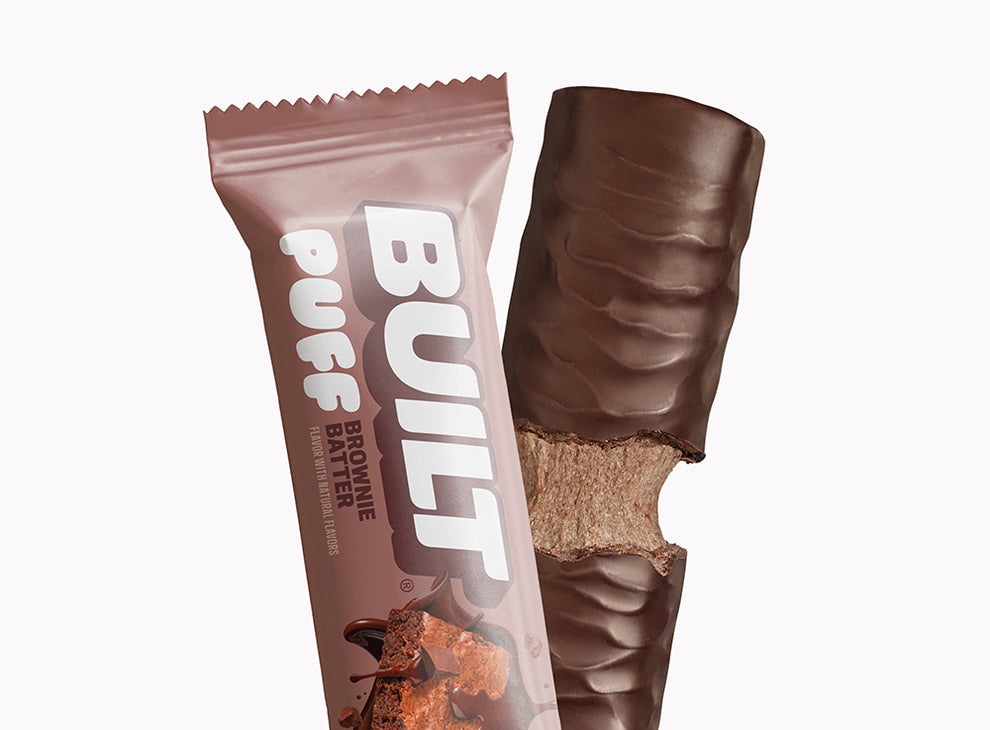 Built Bar Puffs Canada – Brownie Batter Protein Bar 40g showing chocolate coating on white background