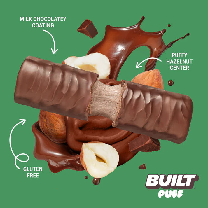 Built Bar Puffs Canada – Chocolate Newtella Protein Bar 40g partially unwrapped showing milk chocolatey coating  and puffy hazelnut center on green background