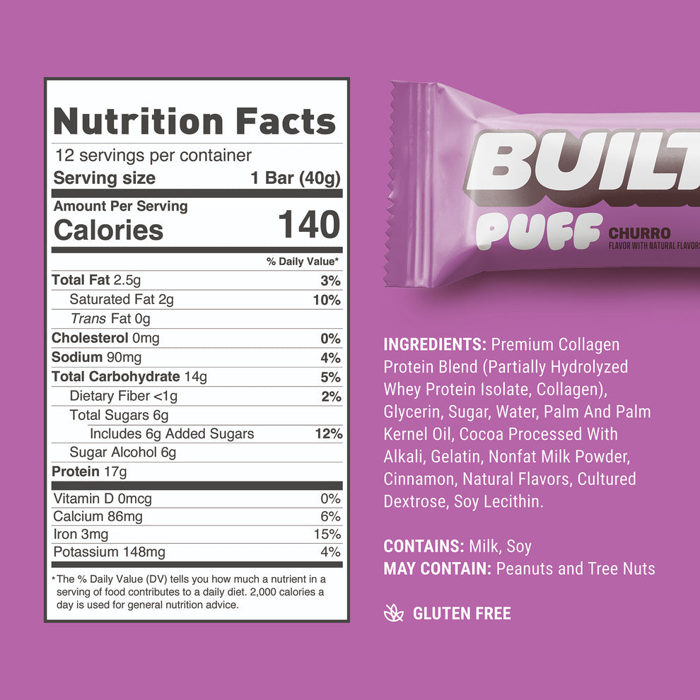 Built Bar Puffs Canada - Churro Protein Bar 40g - Nutrition Facts