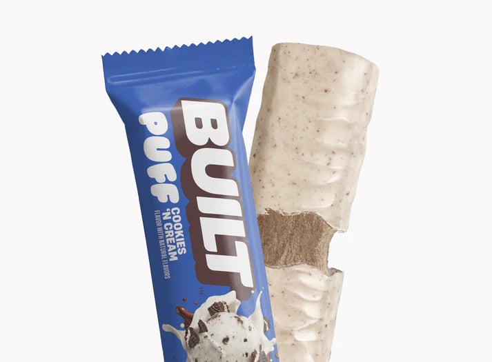 Built Bar Puffs Canada - Cookies'n Cream Protein Bar 40g showing white chocolate coating on white background