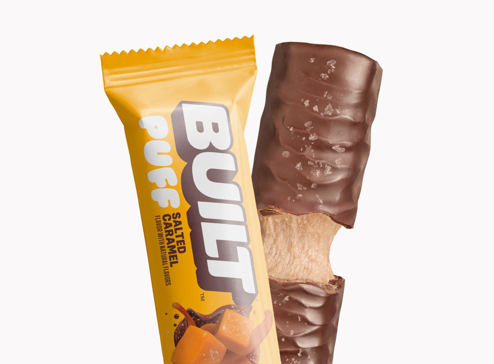Built Bar Puffs Canada - Salted Caramel Protein Bar 40g showing chocolate coating on white background