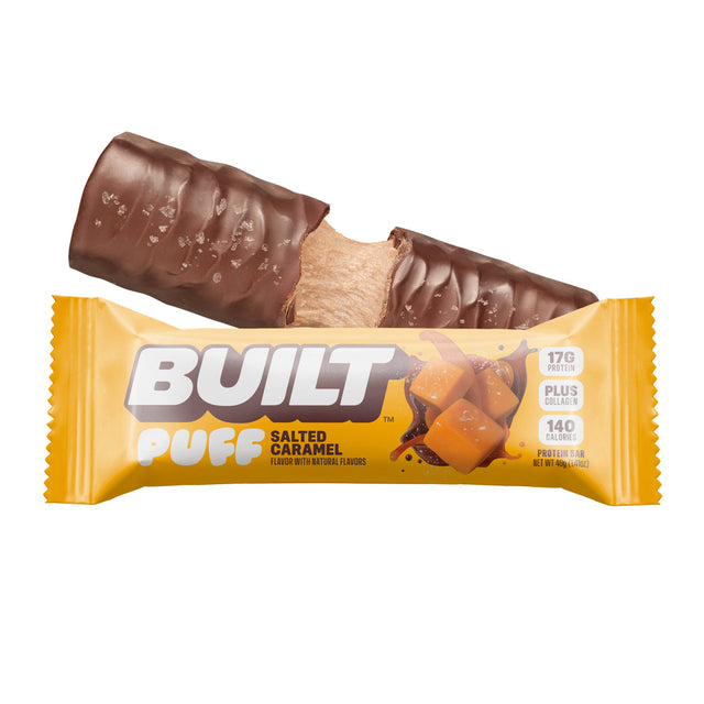 Built Bar Puffs Canada - Salted Caramel Protein Bar 40g horizontal showing  chocolate coating on white background
