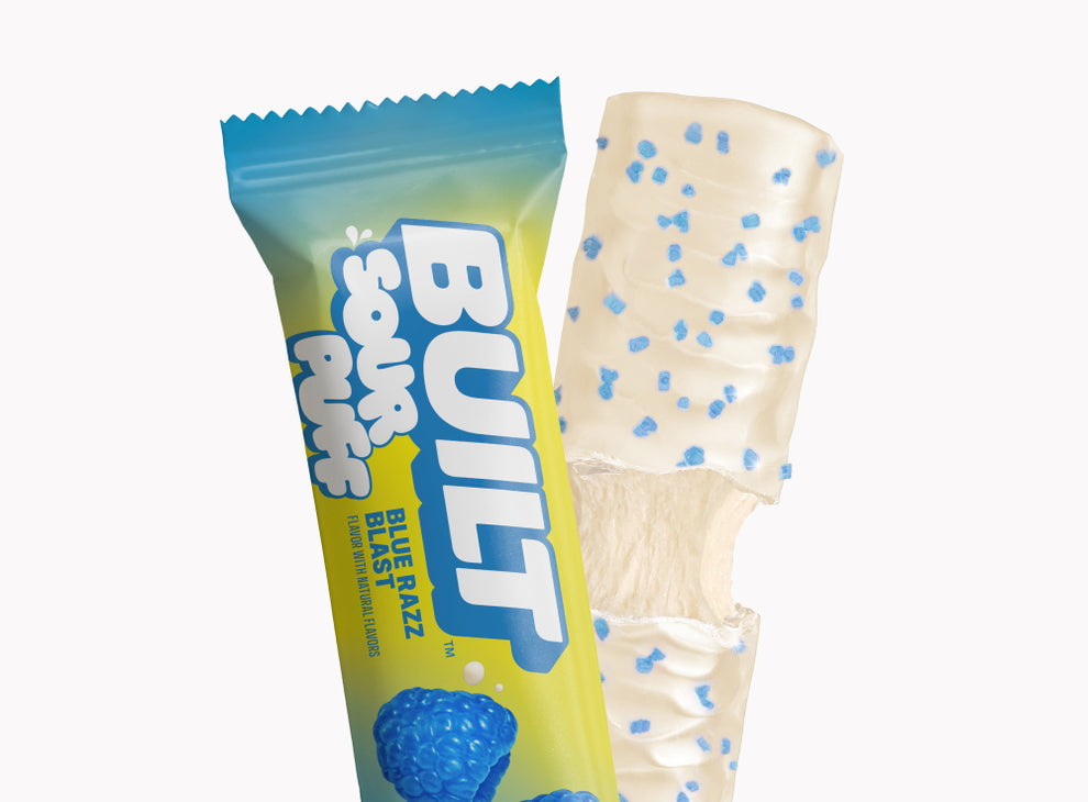 Built Bar Puffs Canada – Sour Puff Blue Razz Protein Bar 40g showing blue and white coating on white background