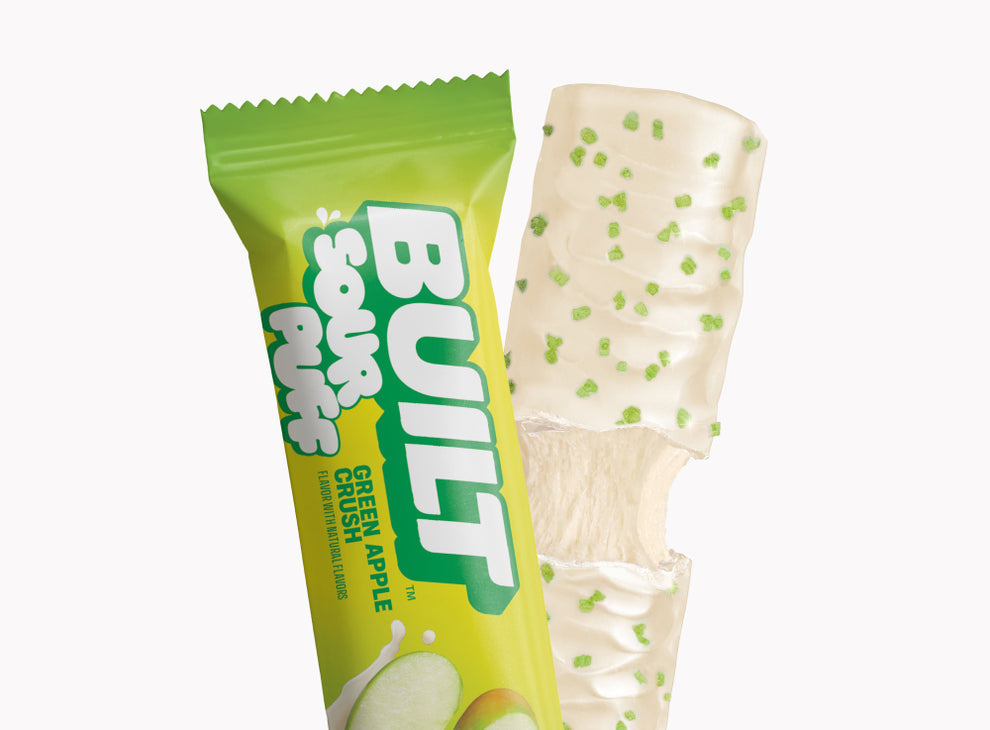 Built Bar Puffs Canada – Sour Puff Green Apple Protein Bar 40g showing green and white coating on white background