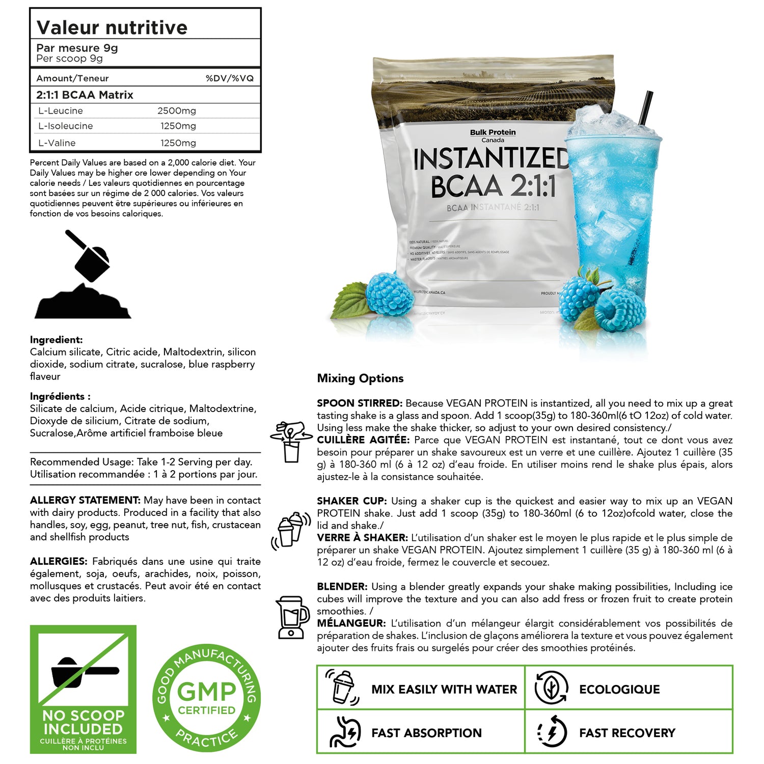 Bulk Protein Canada - BCAA 2:1:1 (Pure Branched-Chain Amino Acids) - 100% Premium Canadian Powder