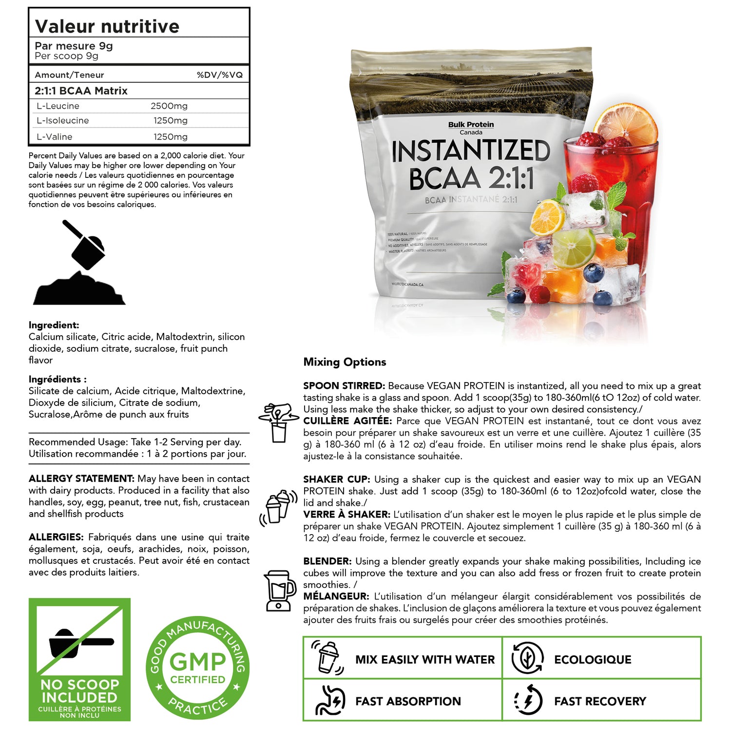 Bulk Protein Canada - BCAA 2:1:1 (Pure Branched-Chain Amino Acids) - 100% Premium Canadian Powder