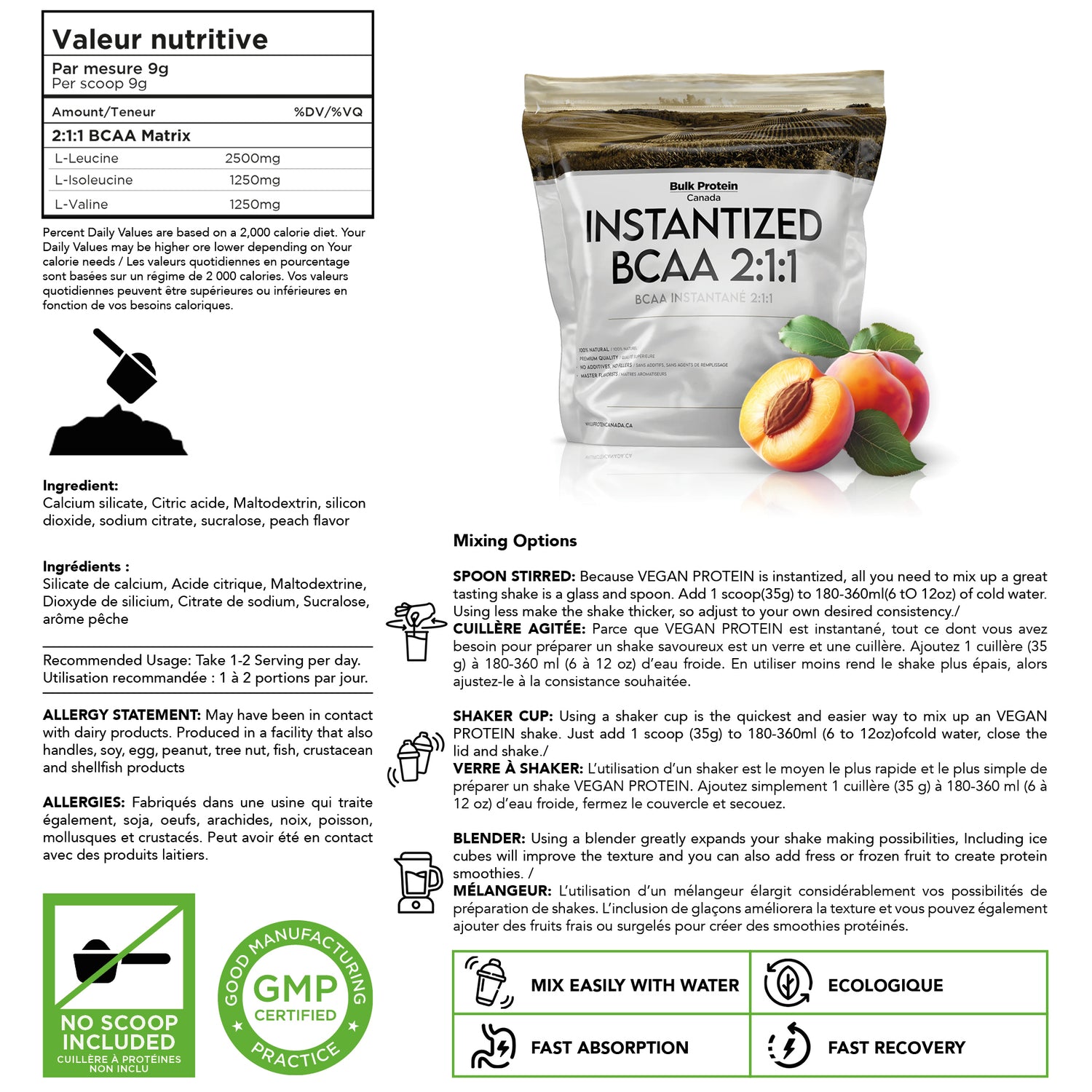 Bulk Protein Canada - BCAA 2:1:1 (Pure Branched-Chain Amino Acids) - 100% Premium Canadian Powder