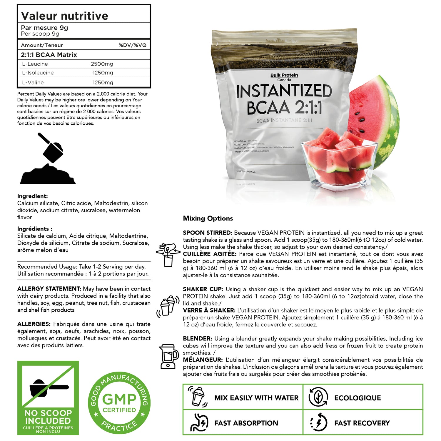 Bulk Protein Canada - BCAA 2:1:1 (Pure Branched-Chain Amino Acids) - 100% Premium Canadian Powder