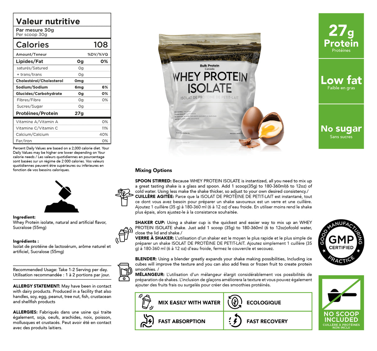 Bulk Protein Canada - Protéine de lactosérum isolée - Poudre canadienne 100 % premium