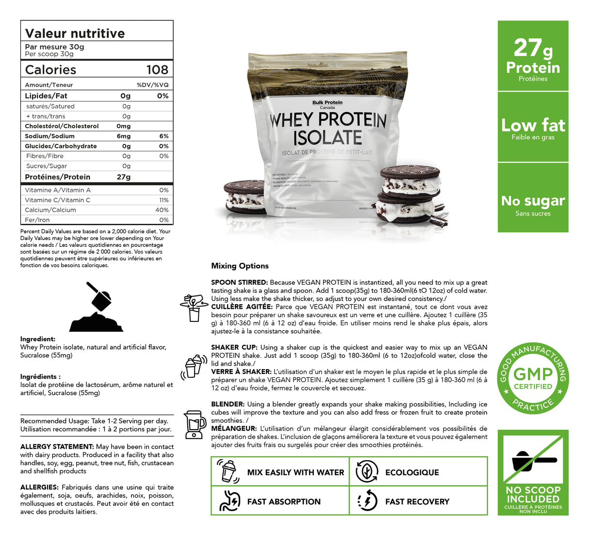 Bulk Protein Canada - Protéine de lactosérum isolée - Poudre canadienne 100 % premium