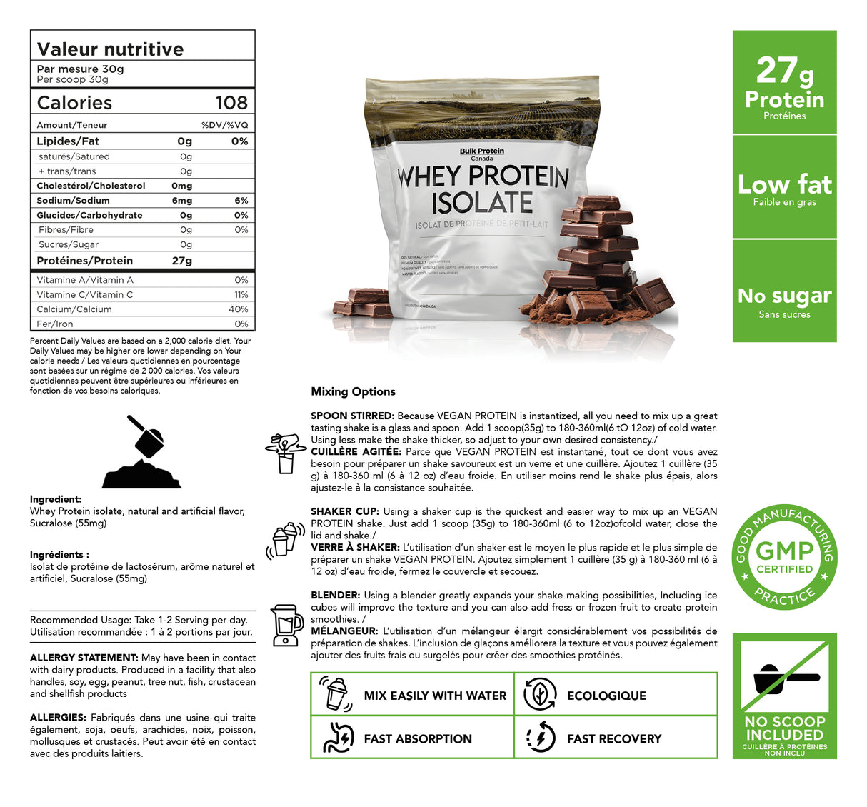 Bulk Protein Canada - Protéine de lactosérum isolée - Poudre canadienne 100 % premium