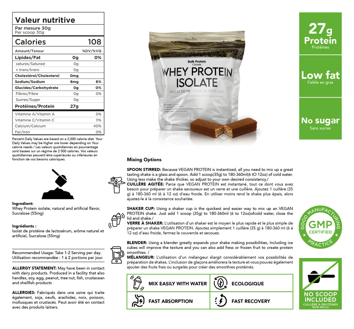 Bulk Protein Canada - Protéine de lactosérum isolée - Poudre canadienne 100 % premium