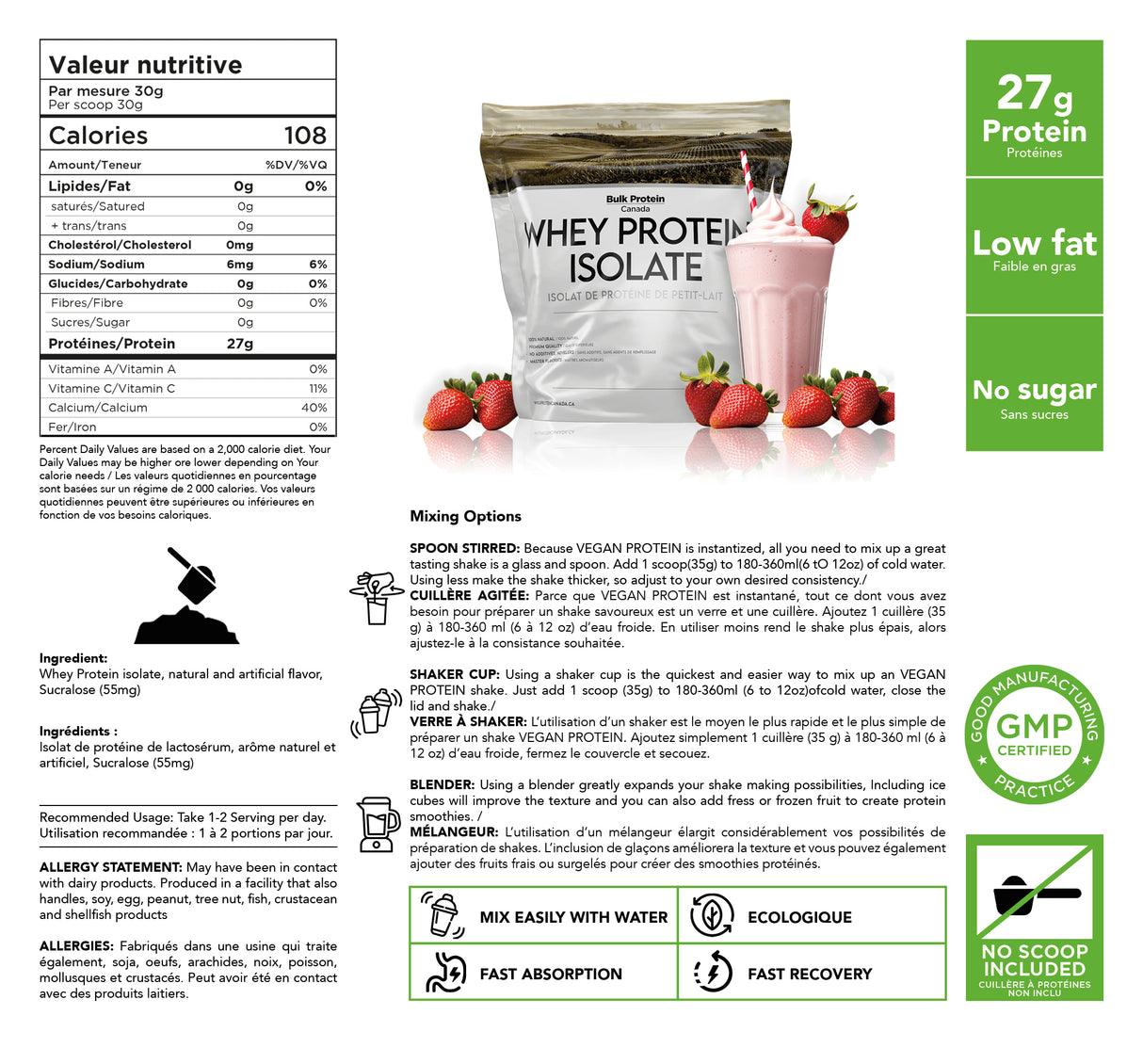 Bulk Protein Canada - Protéine de lactosérum isolée - Poudre canadienne 100 % premium