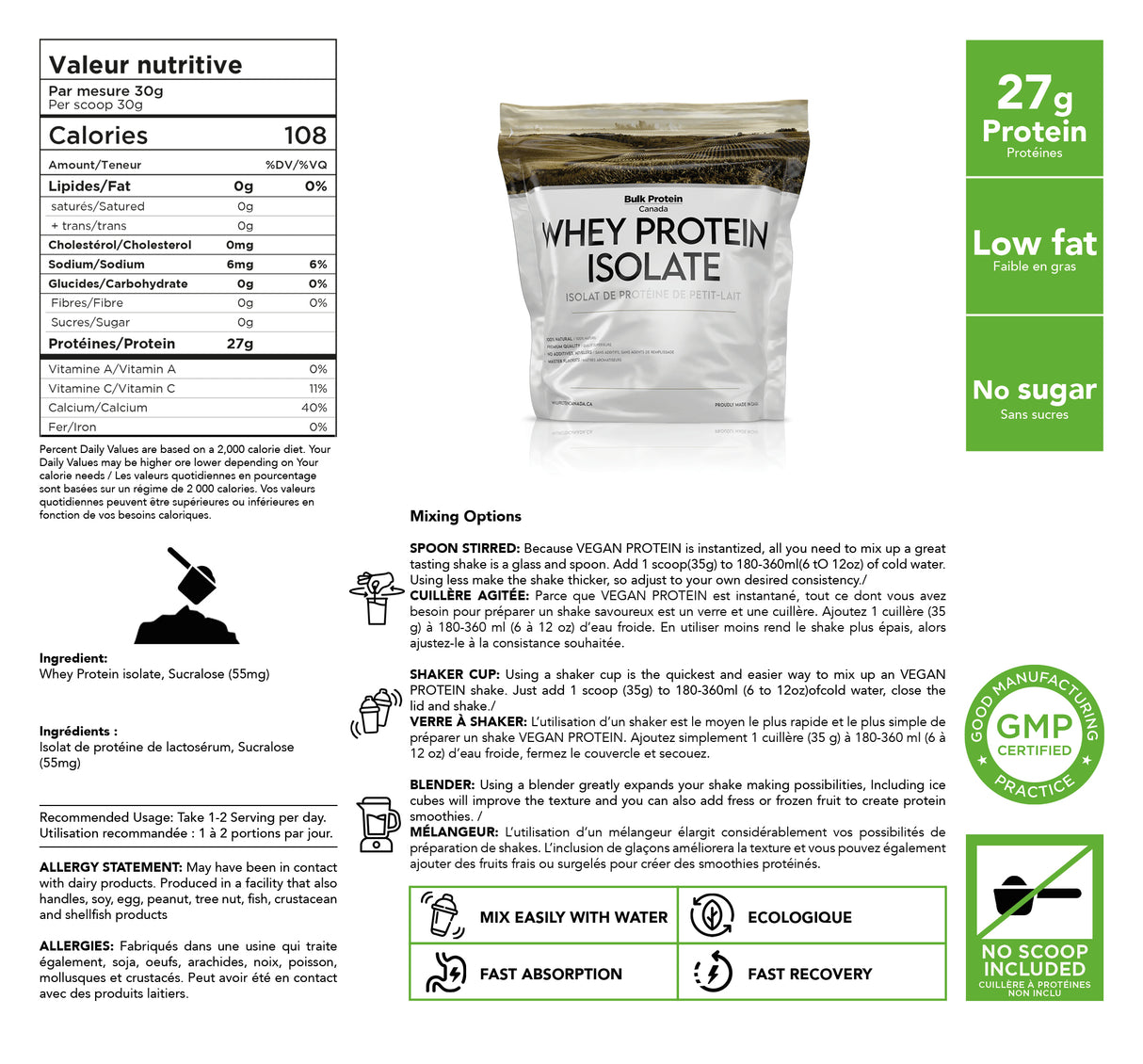 Bulk Protein Canada - Protéine de lactosérum isolée - Poudre canadienne 100 % premium