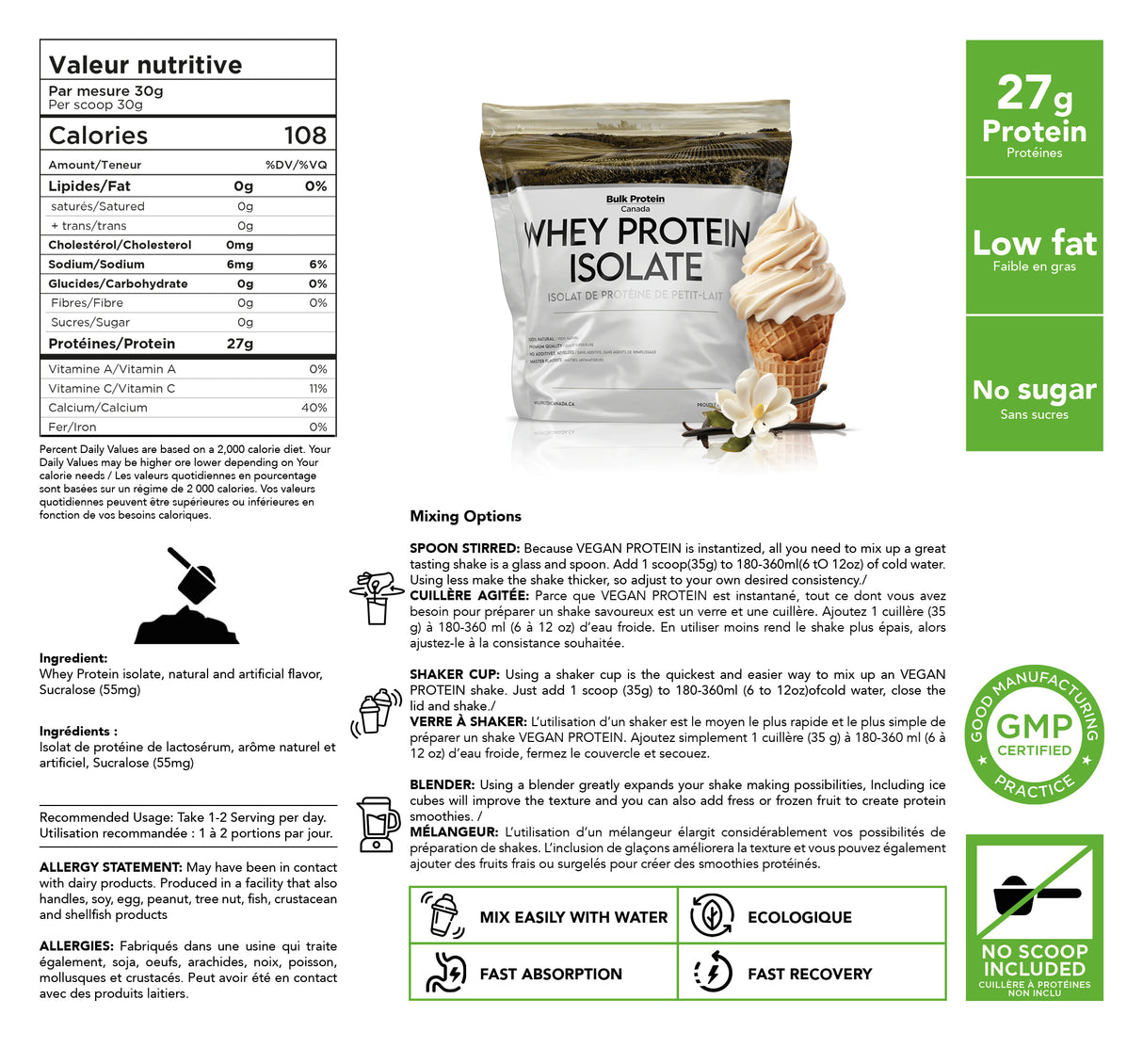 Bulk Protein Canada - Protéine de lactosérum isolée - Poudre canadienne 100 % premium