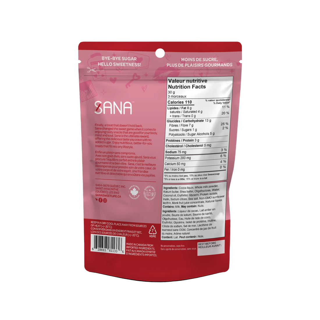 Sana - Bouchées chocolatées sans sucre ajouté - 100 g