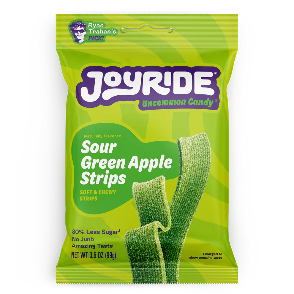 Joyride Sour Green Apple Strips low sugar sour candy in a 3.5 oz bag