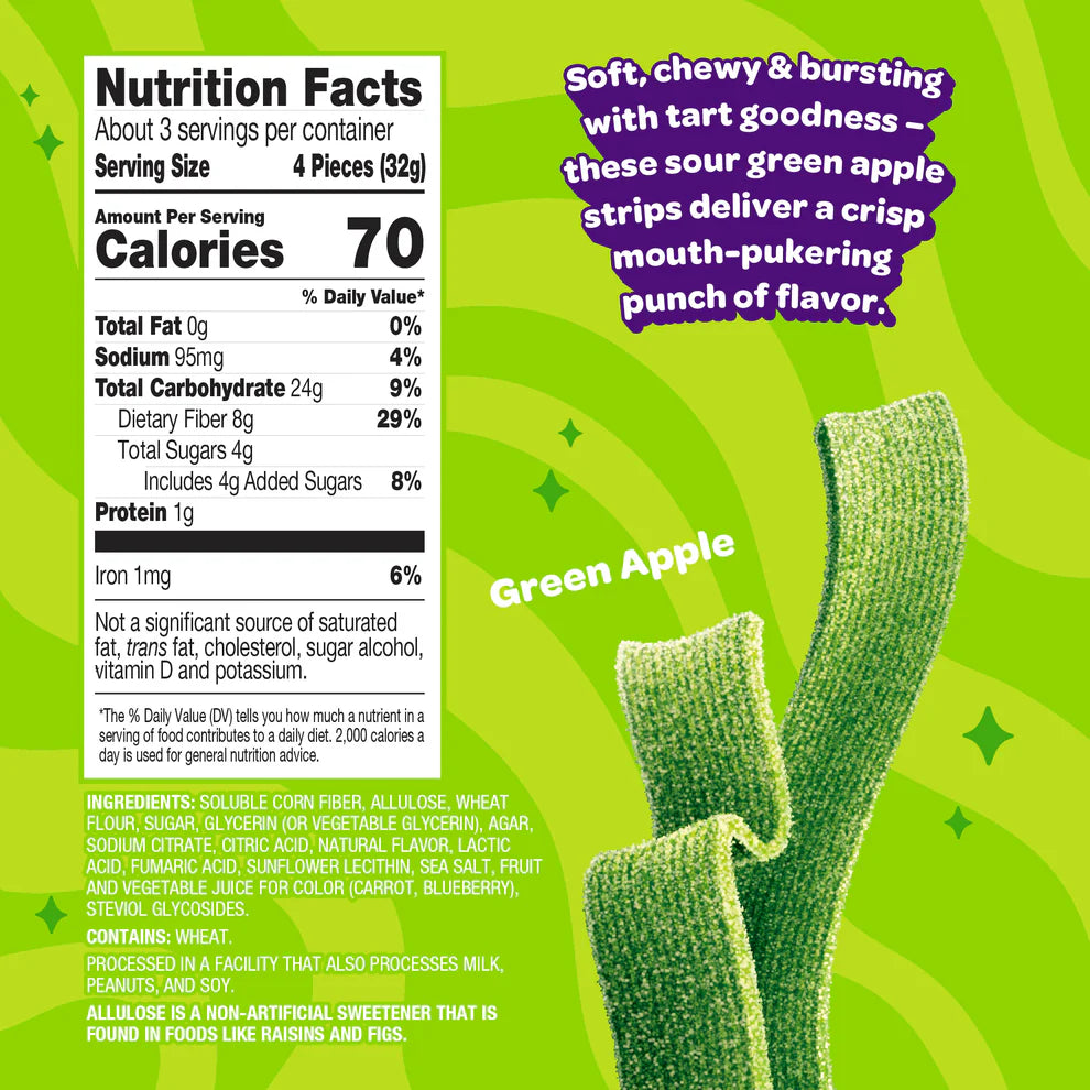 Nutrition facts panel for Joyride Sour Green Apple Strips, showing 70 calories, 4g sugar, and 8g fiber per serving