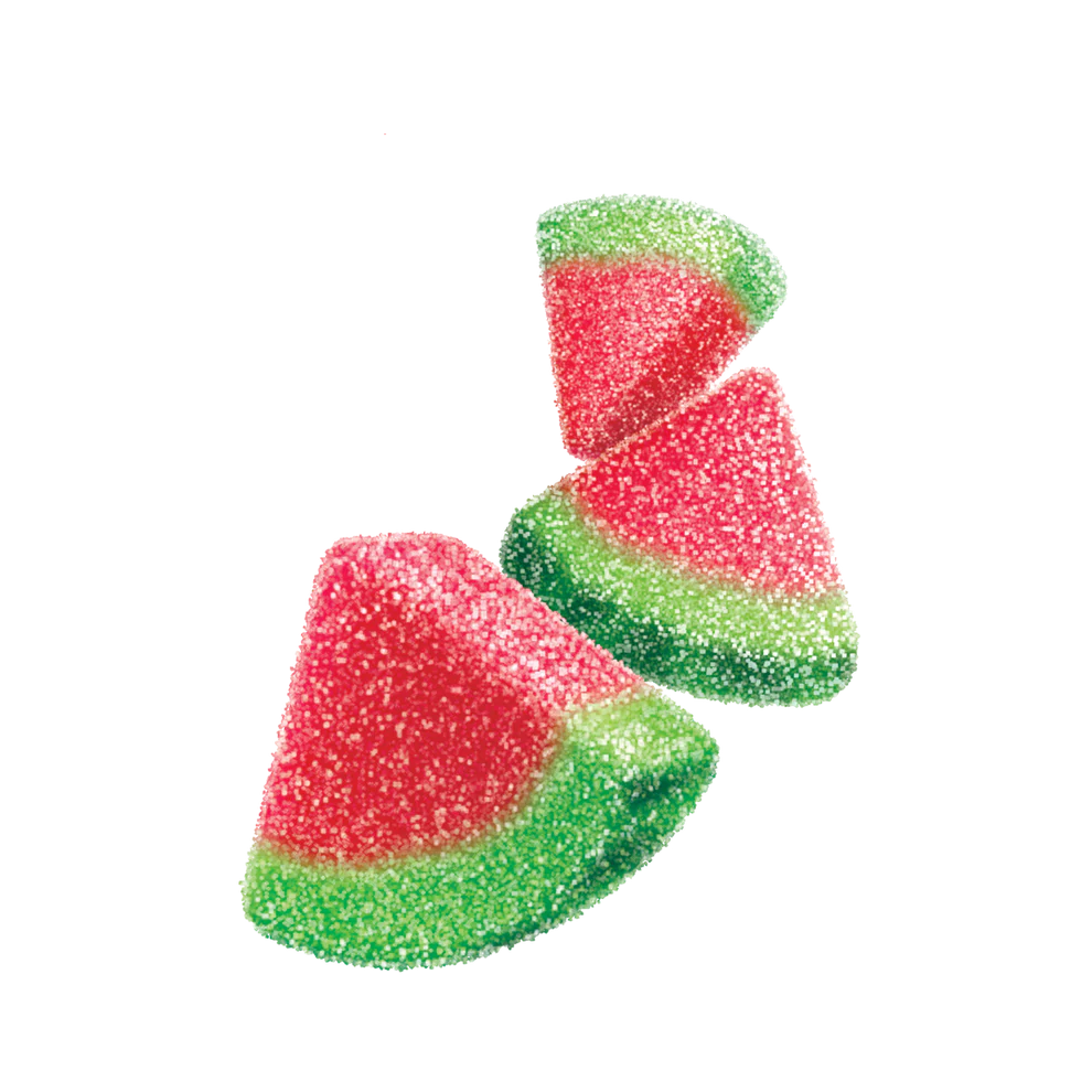 Close-up of Joyride Sour Watermelon Wedges, chewy sour candy wedges coated with sugar