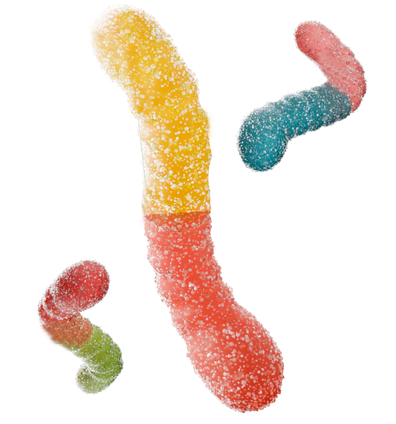 Close-up of colourful Joyride Sour Worms coated in sugar, featuring red, yellow, green, and blue gummy worms on a transparent background.
