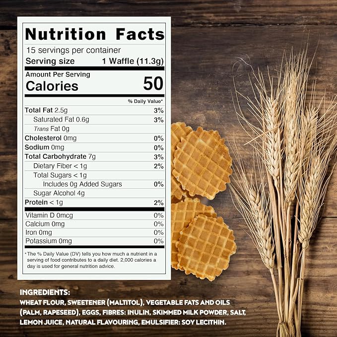 Nutrition facts of La Nouba Belgian Crisp Waffles showing 50 calories, low carb, no added sugar