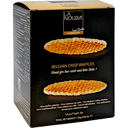 Front view of La Nouba Belgian Crisp Waffles box – low carb, no sugar added, keto friendly