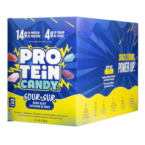 Box of Protein Candy with blue and yellow design on a white background