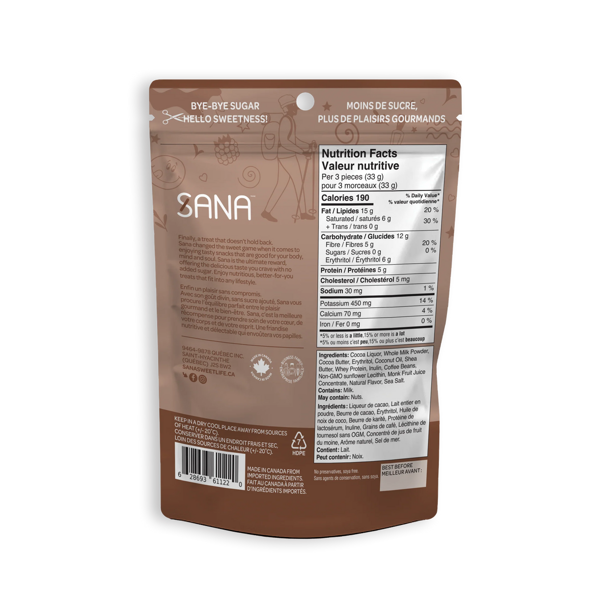 Sana - Bouchées chocolatées sans sucre ajouté - 100 g
