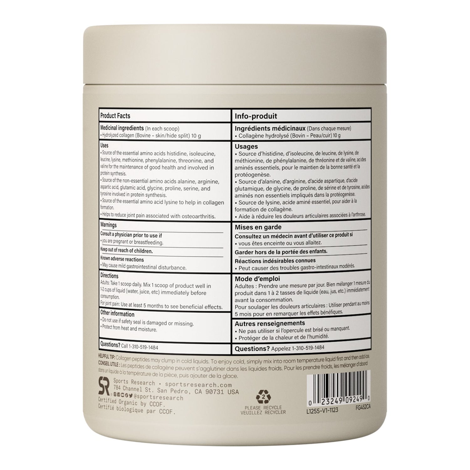 Sports Research - Peptides de collagène bio - 227 g