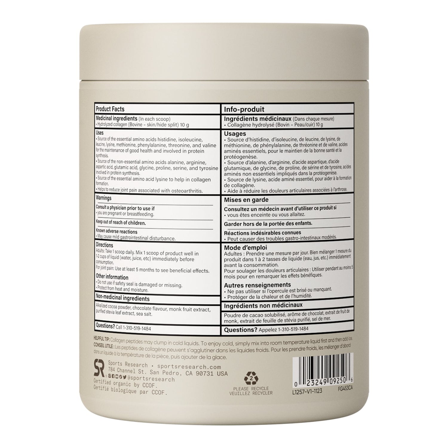 Sports Research - Peptides de collagène bio - 227 g