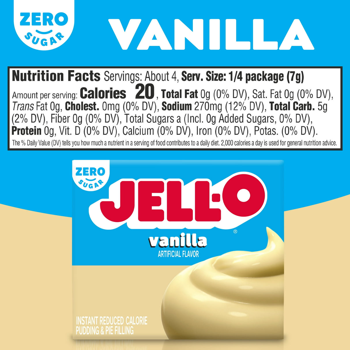Jell-O Zero Sugar Instant Pudding & Pie Filling – Reduced Calorie Dessert Mix (1oz)