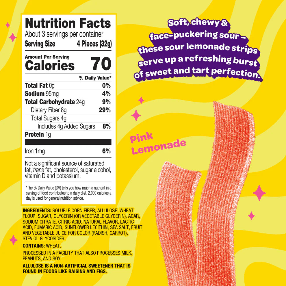 Nutrition facts panel for Joyride Sour Pink Lemonade Strips, showing 70 calories, 4g sugar, 8g fiber per serving