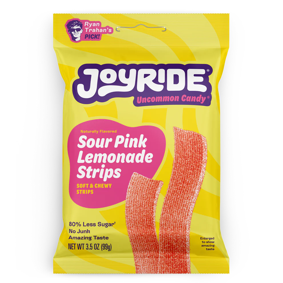 Joyride Sour Pink Lemonade Strips low sugar sour candy in 3.5 oz bag