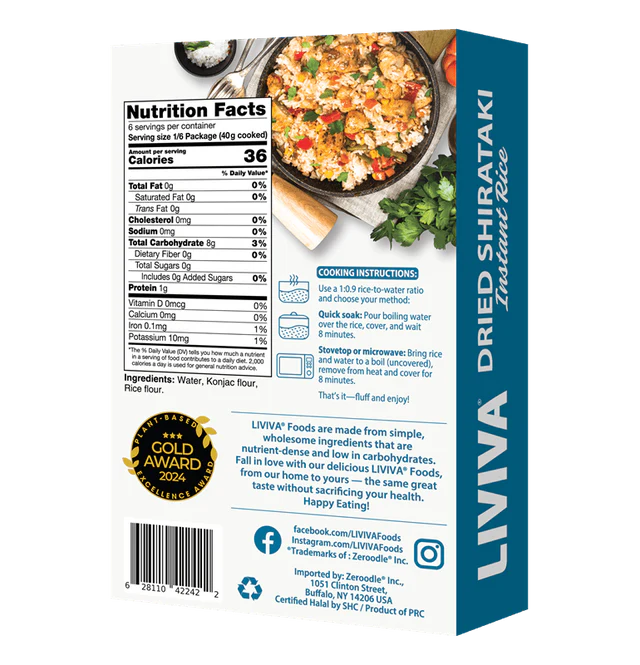 Liviva Dried Shirataki Instant Rice packaging with nutritional information and cooking instructions.