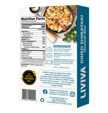 Liviva Dried Shirataki Instant Rice packaging with nutritional information and cooking instructions.