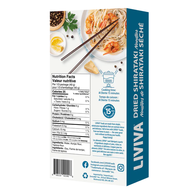 Liviva dried shirataki noodles nutritional label and cooking instructions - low carb keto pasta alternative
