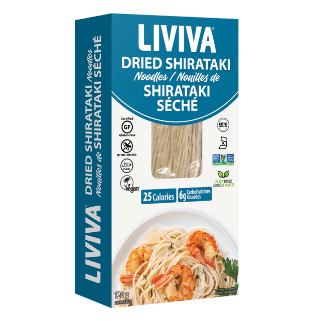 Liviva dried shirataki noodles - low carb keto-friendly pasta alternative in packaging