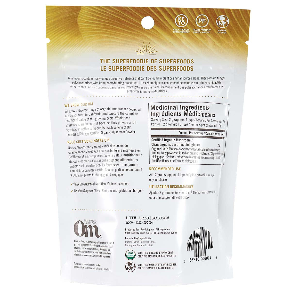 OM Mushroom Superfood - Poudre de champignon bio certifiée Crinière de lion - 60 g