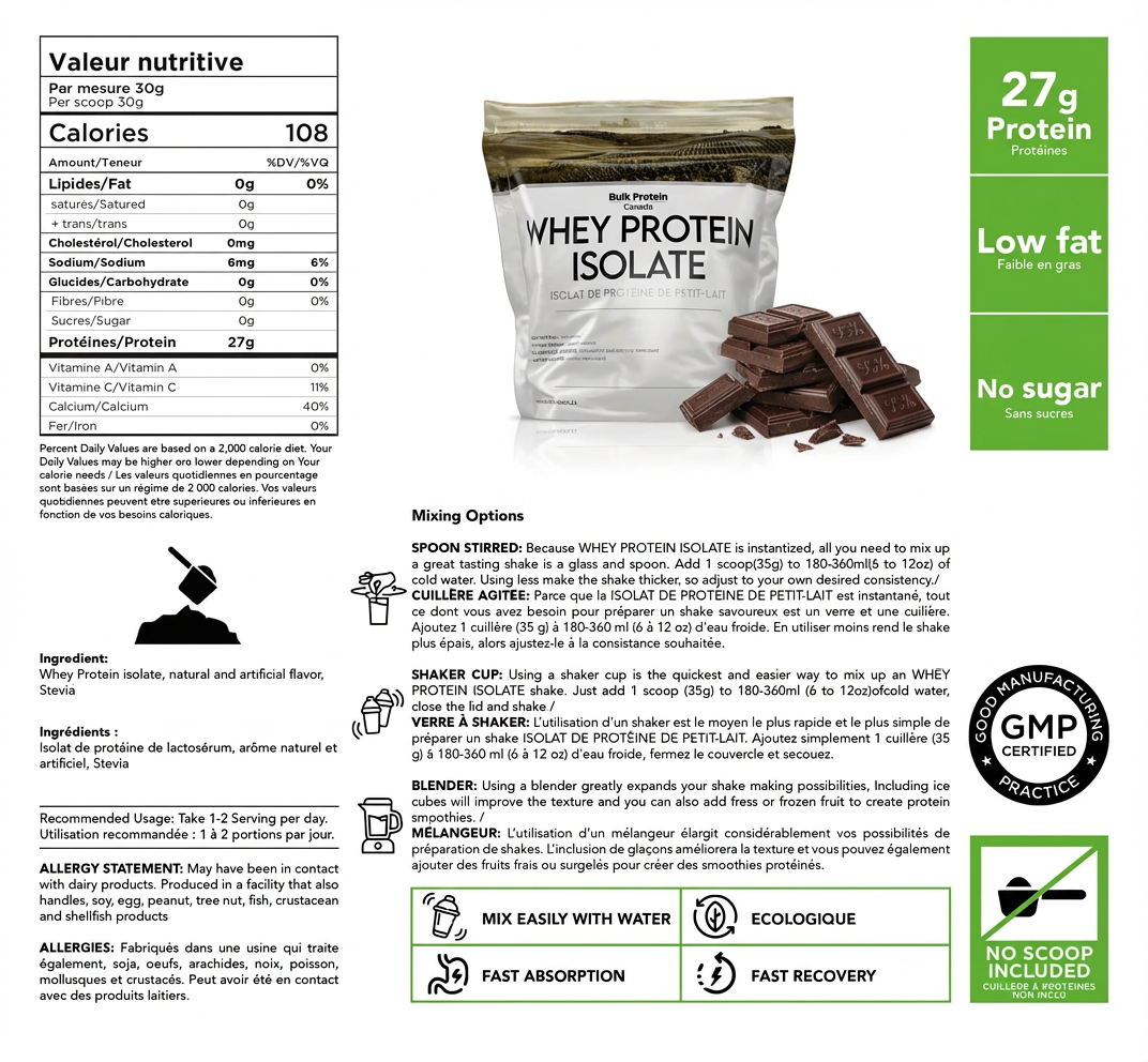 Bulk Protein Canada - Protéine de lactosérum isolée - Poudre canadienne 100 % premium