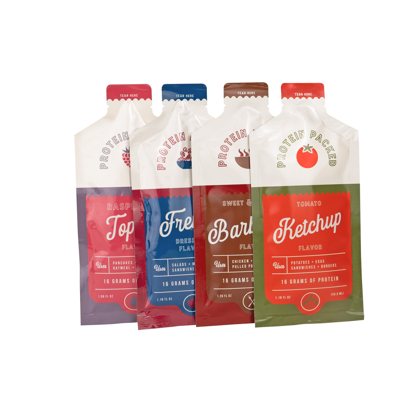 Protein Basics™ packets in Raspberry Topper, French Dressing, Barbecue, and Ketchup flavors – 16g protein each