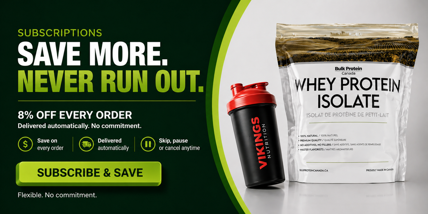 Whey protein isolate package with shaker bottle on a gray background, promotional text for subscription service.
