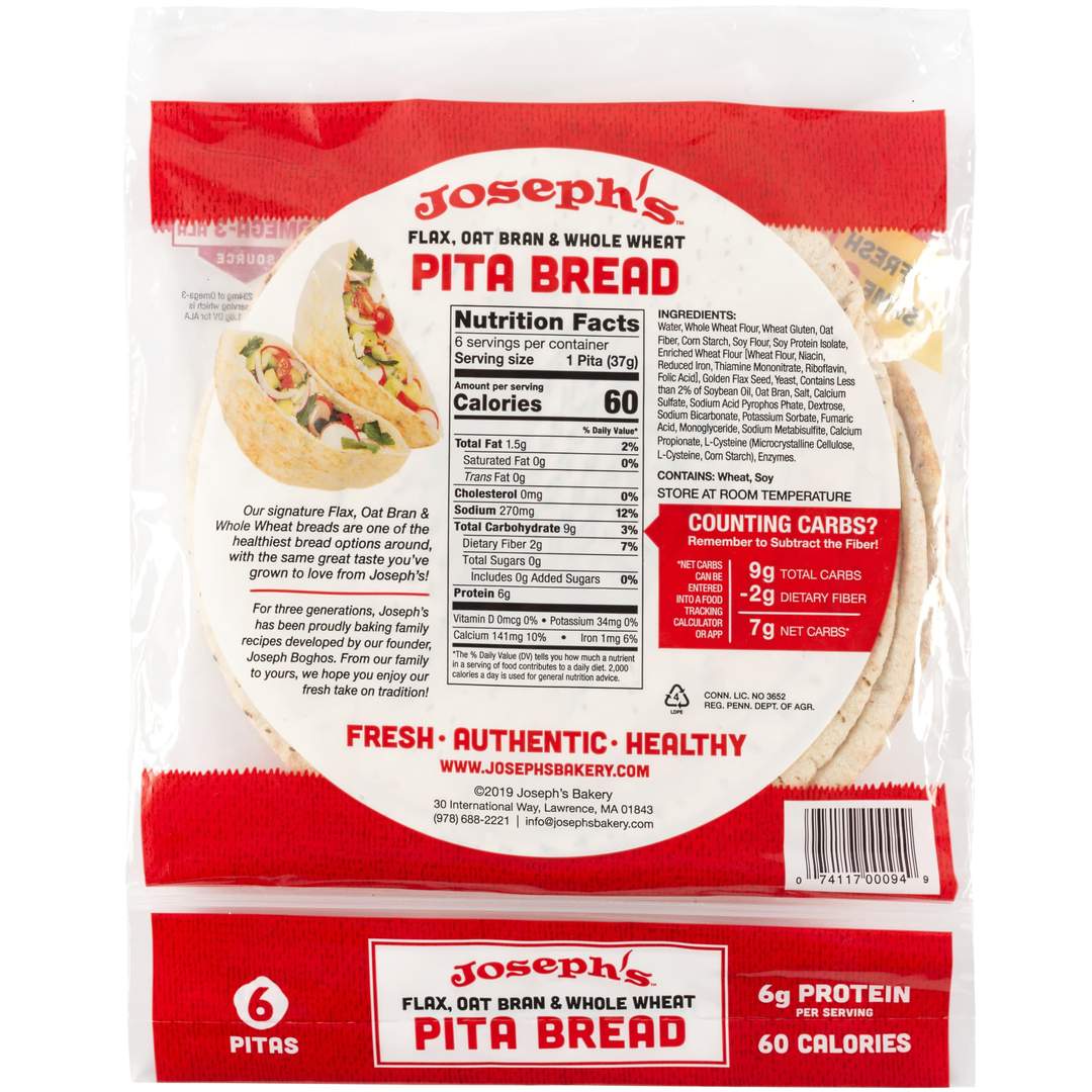Pain Joseph's - Lin, son d'avoine et blé complet 227 g - 6 pains pita
