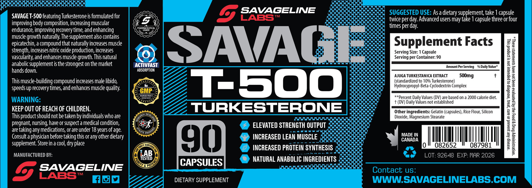 Savage Line - T500 Turkesterone - 90 caps