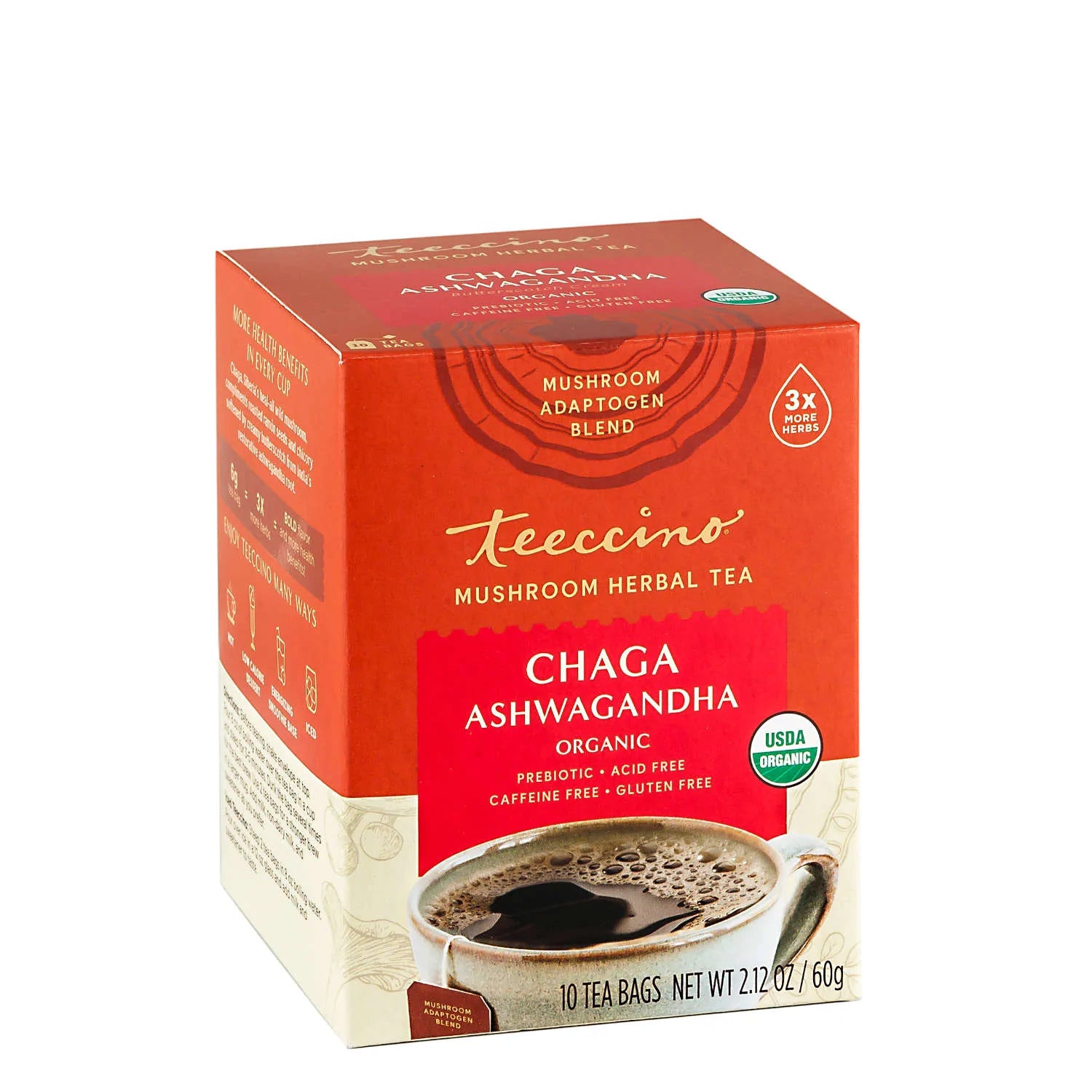 Teeccino - Chaga Ashwagandha Mushroom Herbal Tea - 10 Tea Bags