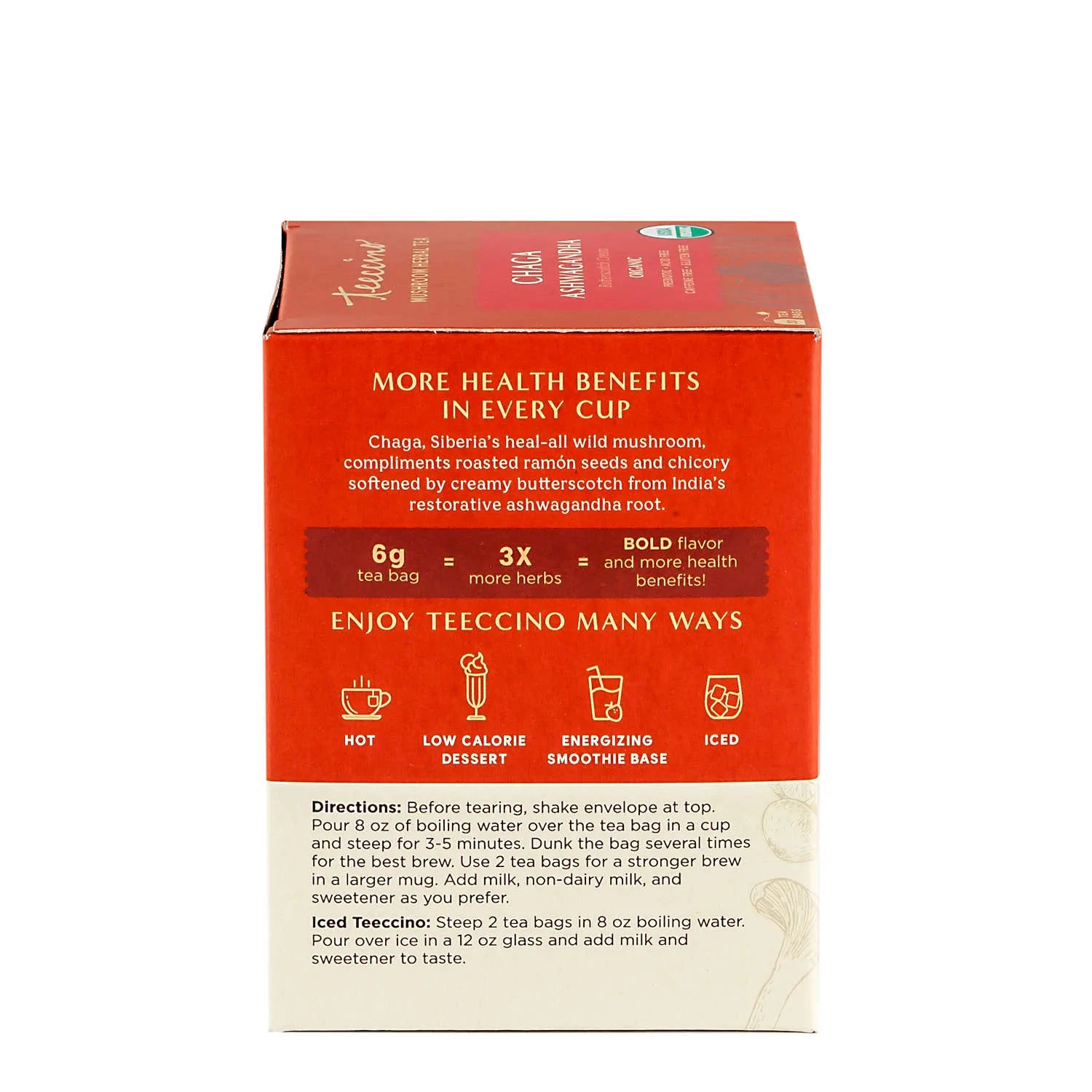 Teeccino - Chaga Ashwagandha Mushroom Herbal Tea - 10 Tea Bags