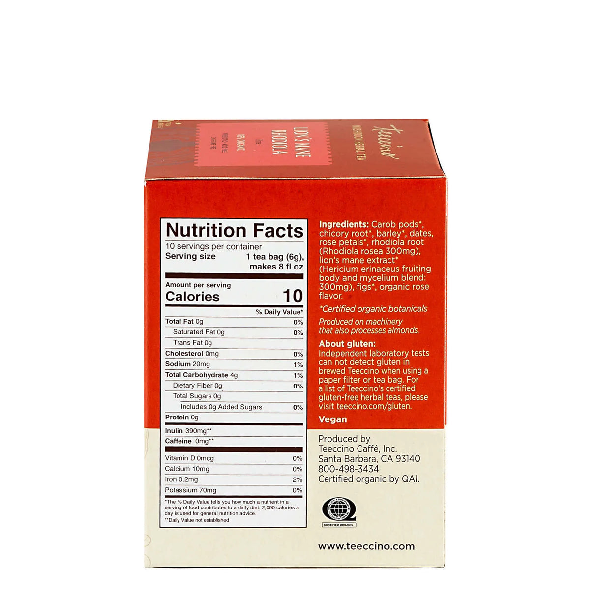 Teeccino - Tisane à la rhodiola crinière de lion et aux champignons roses - 10 sachets