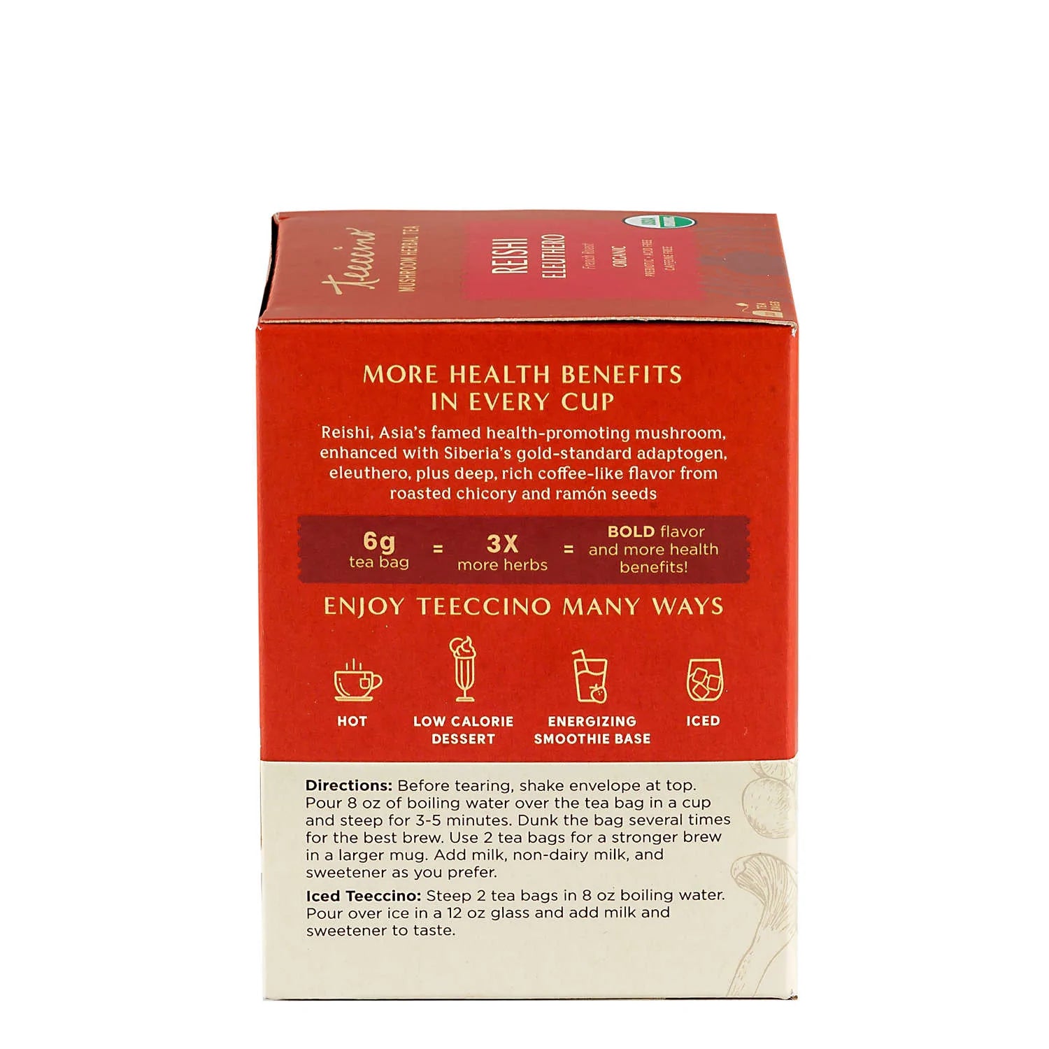 Teeccino - Reishi Eleuthero Mushroom Herbal Tea - 10 Tea Bags