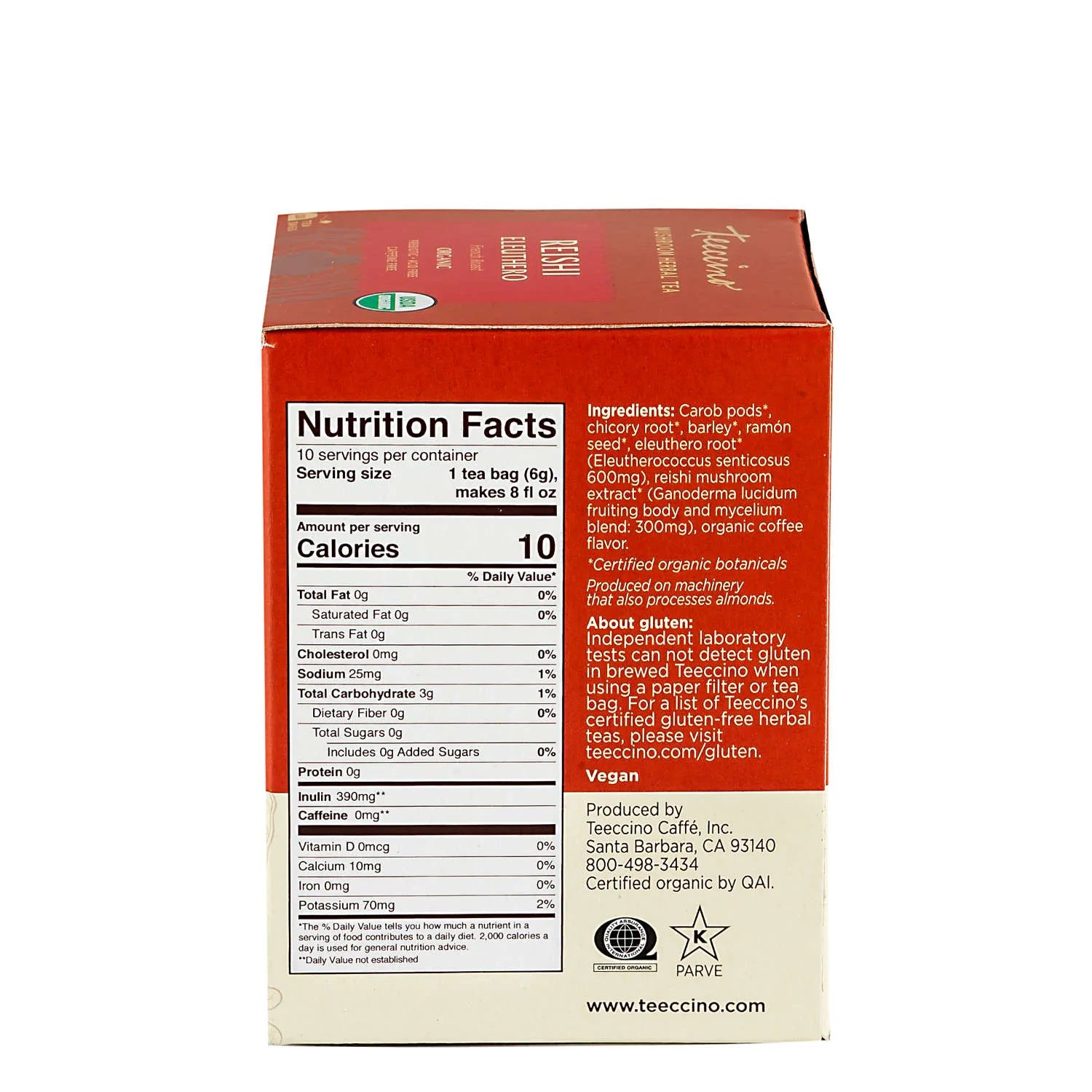 Teeccino - Reishi Eleuthero Mushroom Herbal Tea - 10 Tea Bags