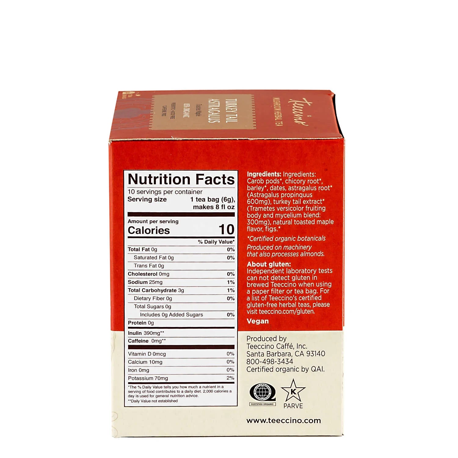 Teeccino - Turkey Tail Astragalus Toasted Maple Mushroom Herbal Tea - 10 Tea Bags